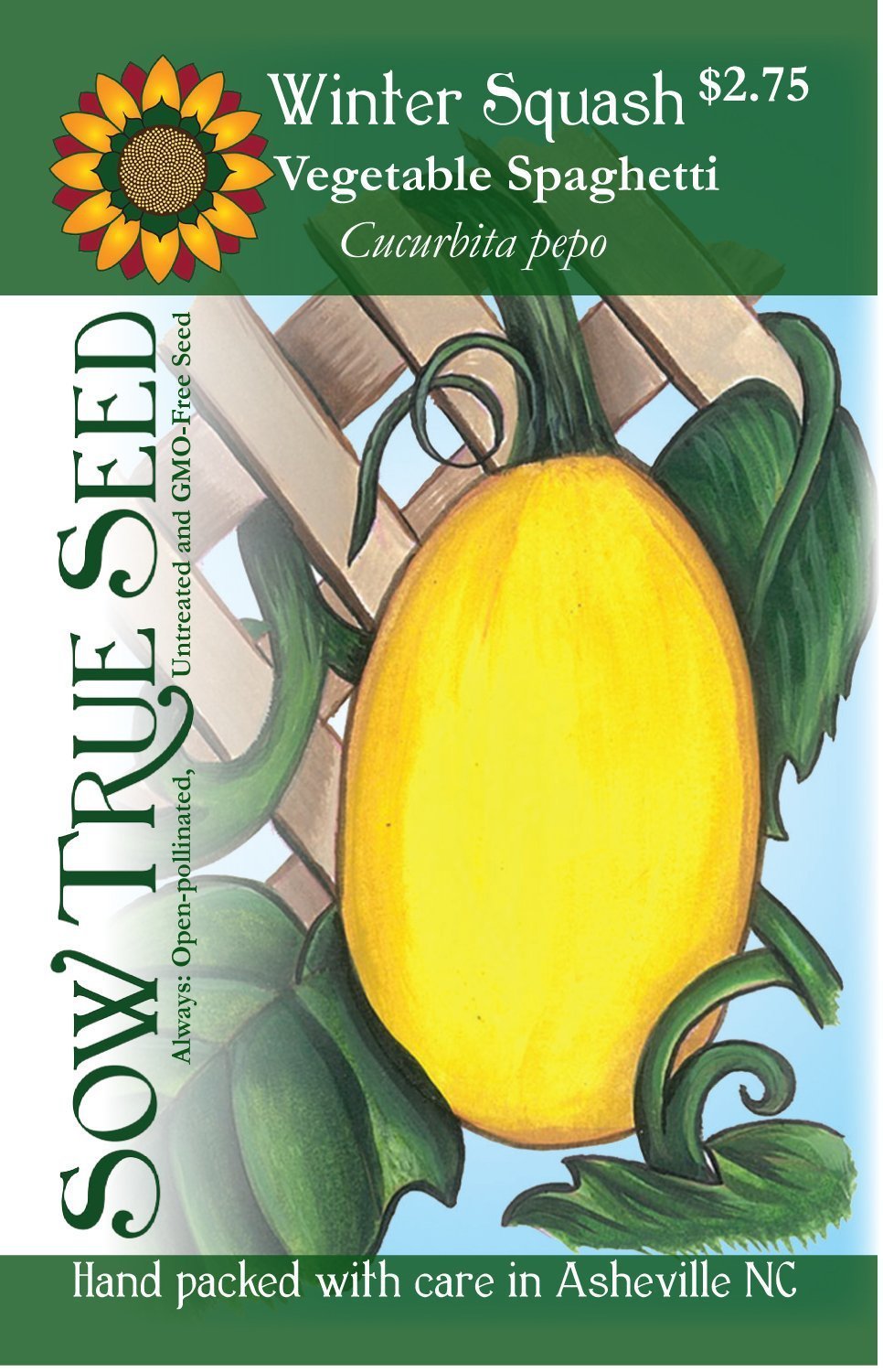Artist designed packets of Vegetable spaghetti Winter Squash from Sow True Seed Asheville NC. 