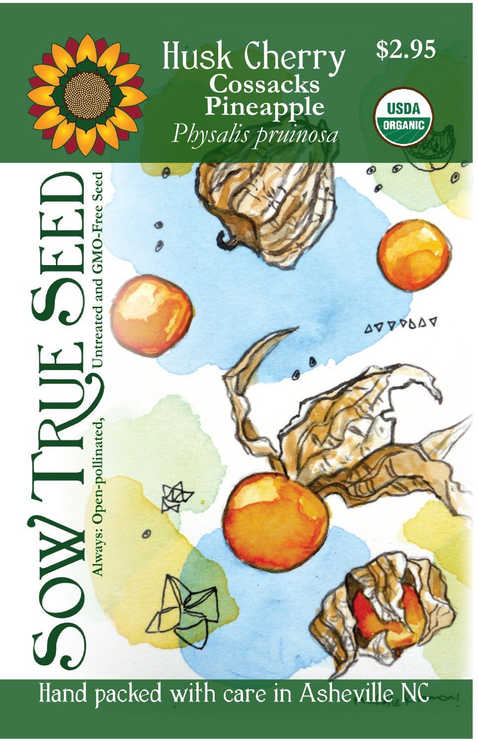 Artist designed packets of USDA organic Cossacks Pineapple Husk Cherry from Sow True Seed Asheville NC. 