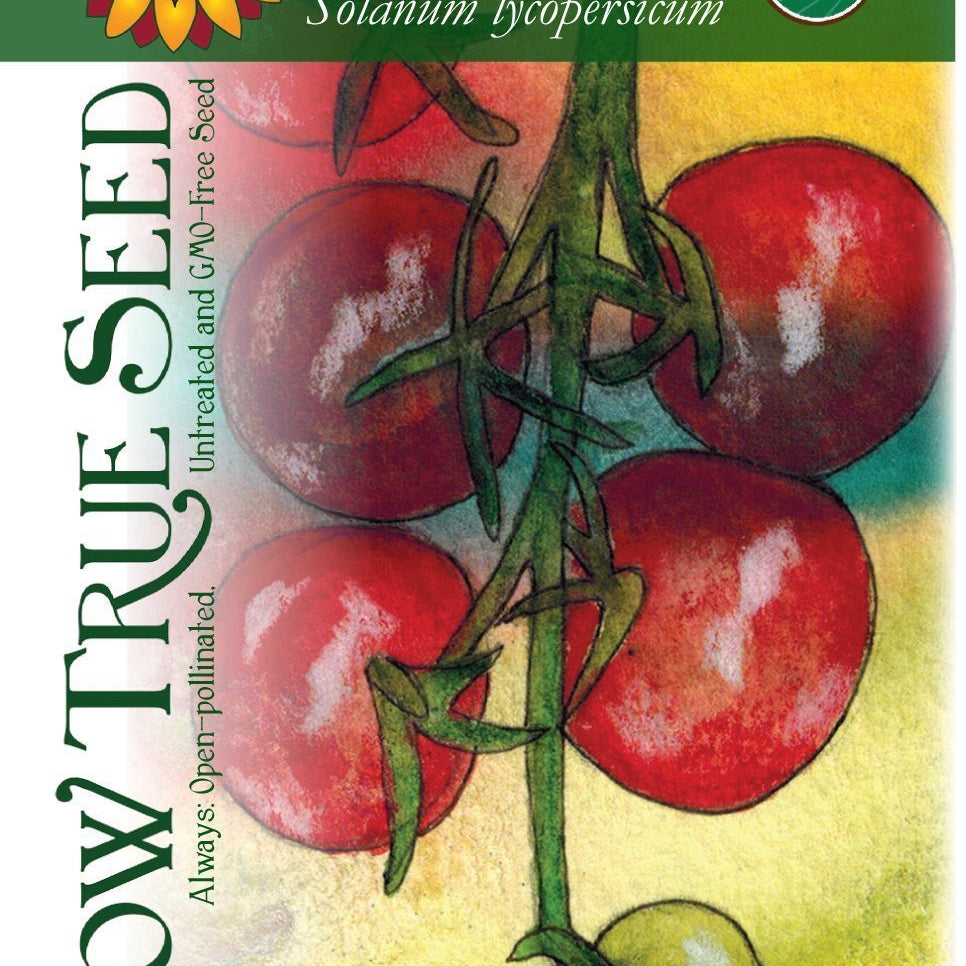 Artist designed packets of USDA organic Chadwick Cherry Tomato from Sow True Seed Asheville NC. 