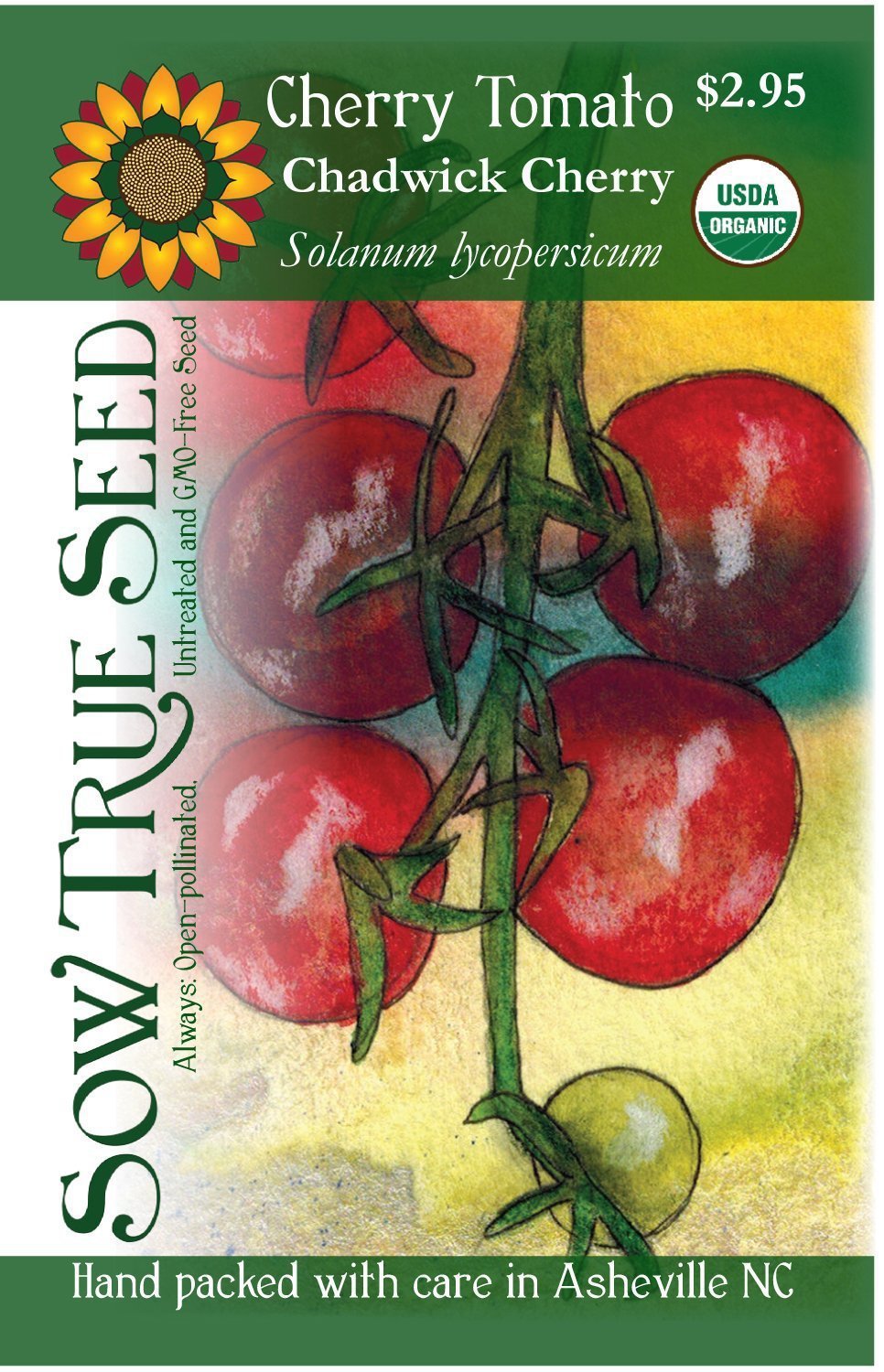 Artist designed packets of USDA organic Chadwick Cherry Tomato from Sow True Seed Asheville NC. 