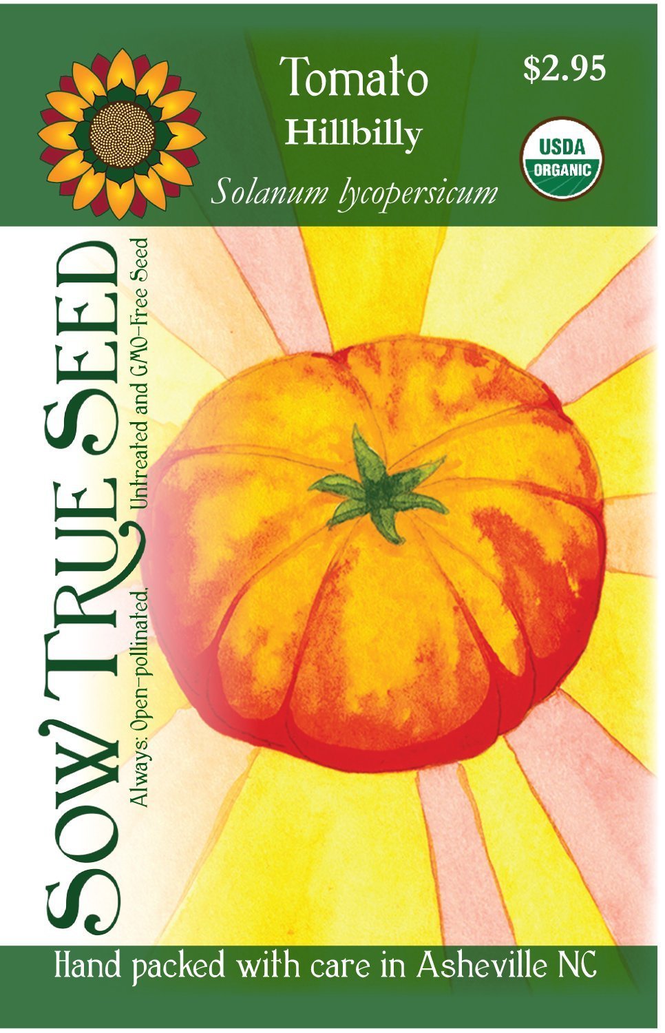Artist designed packets of Hillbilly Tomato from Sow True Seed Asheville NC. 