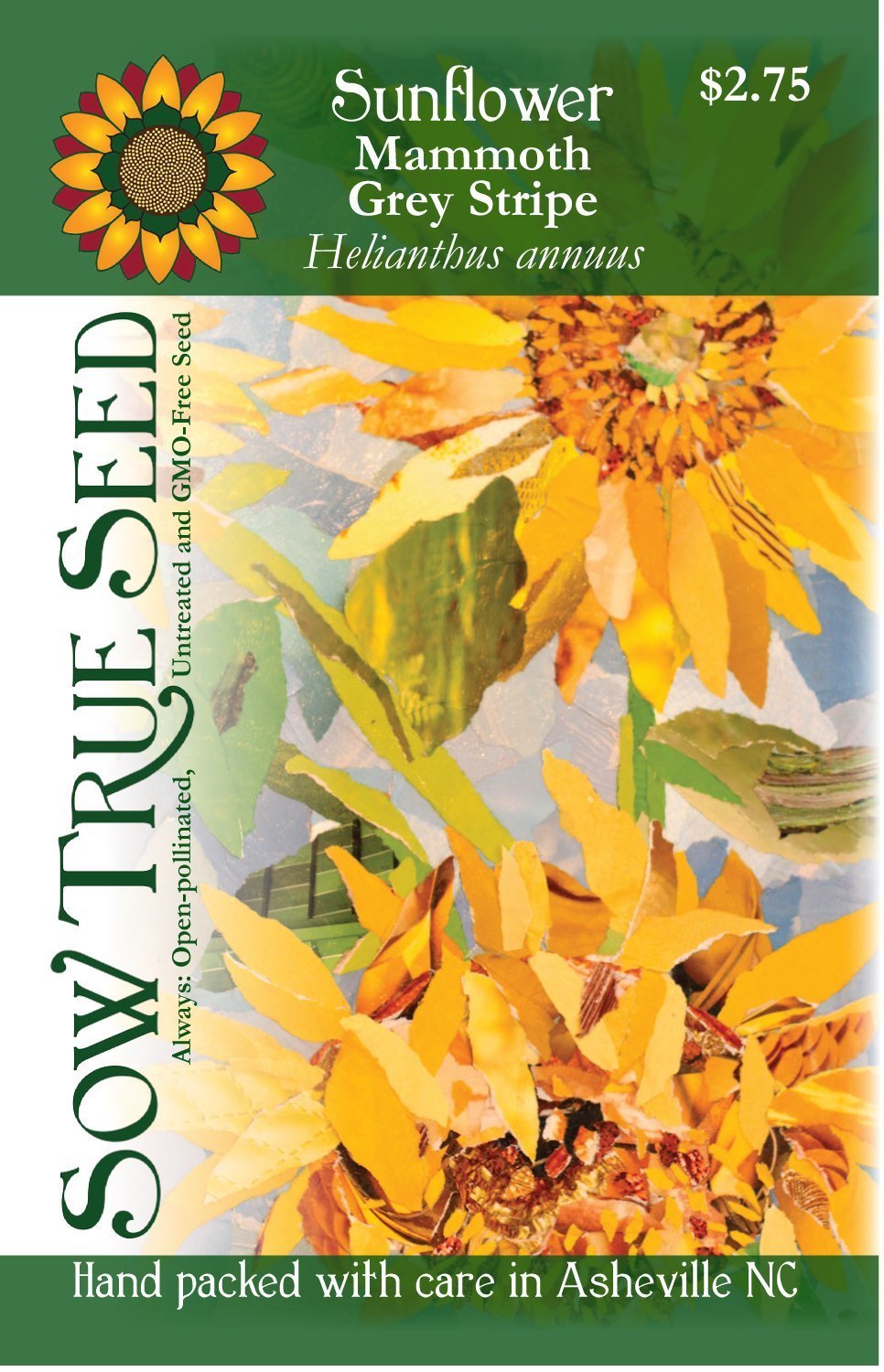 Artist designed packet of Mammoth Grey Stripe Sunflower from Sow True Seed Asheville NC. 