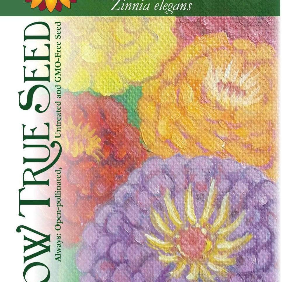 Artist designed packets of California Giants Zinnia from Sow True Seed Asheville NC. 