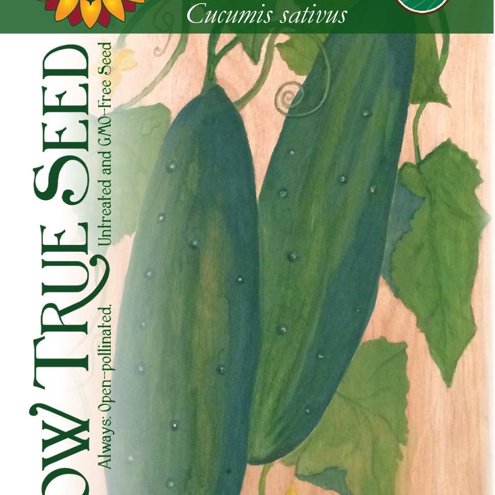 Artist designed packets of USDA organic Marketmore 76 Slicing Cucumber from Sow True Seed Asheville NC. 