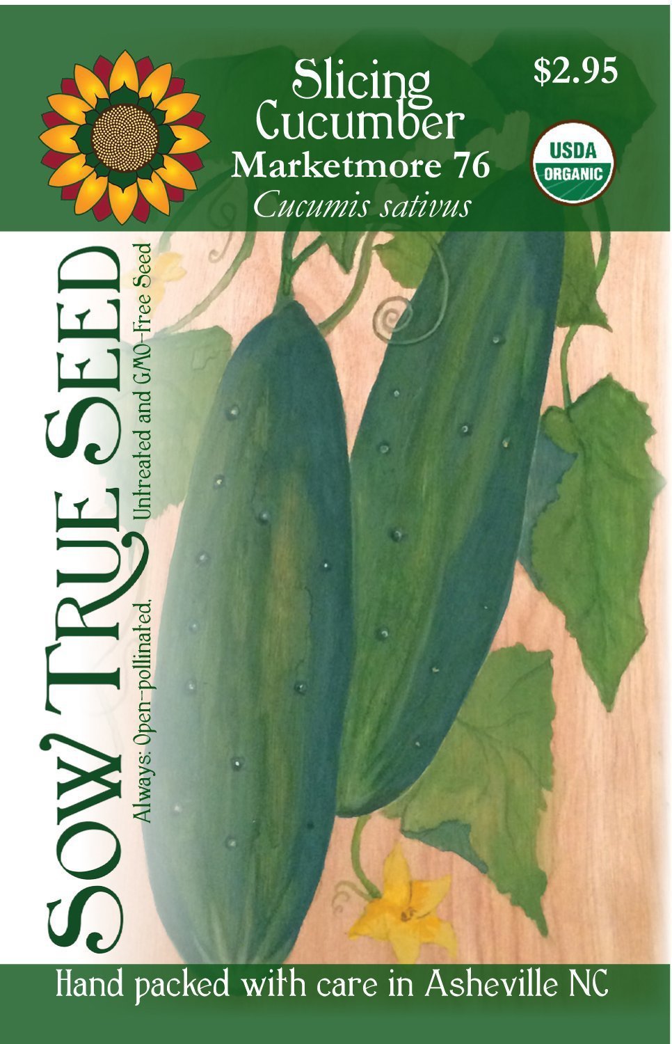 Artist designed packets of USDA organic Marketmore 76 Slicing Cucumber from Sow True Seed Asheville NC. 