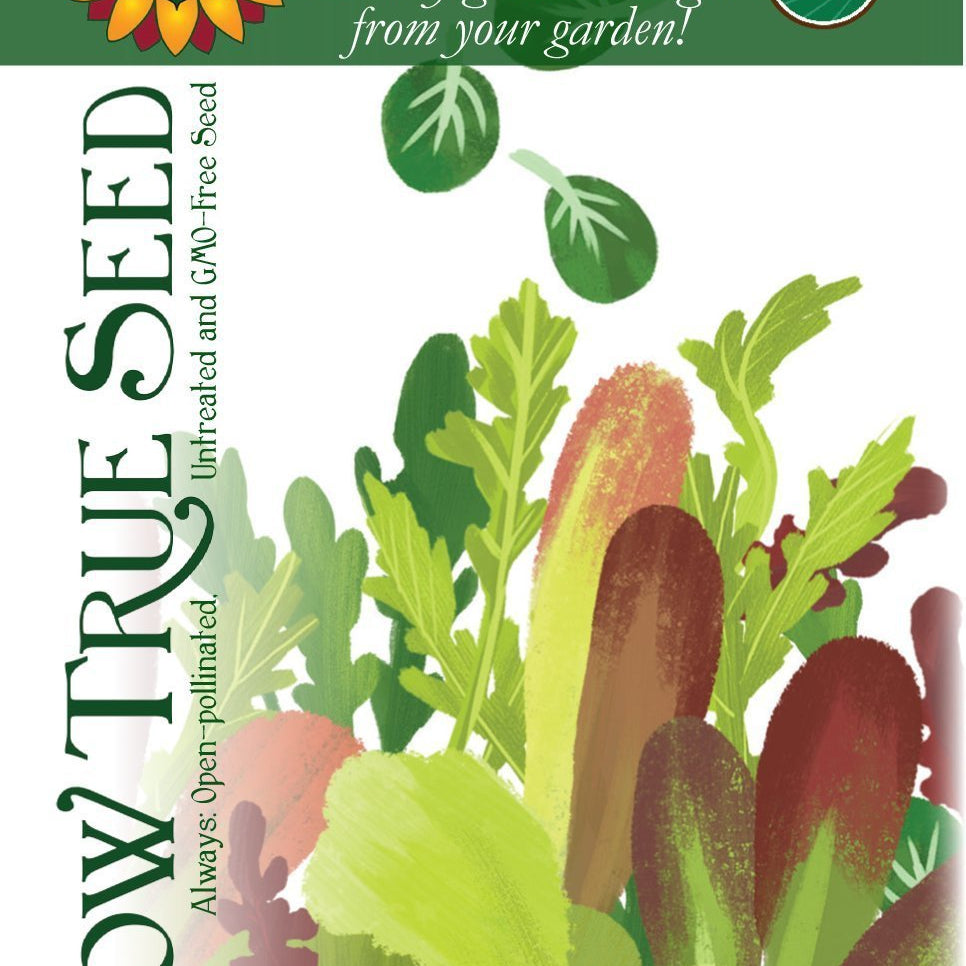 Artist designed packets of USDA organic Herb Salad Lettuce Mix from Sow True Seed Asheville NC. 
