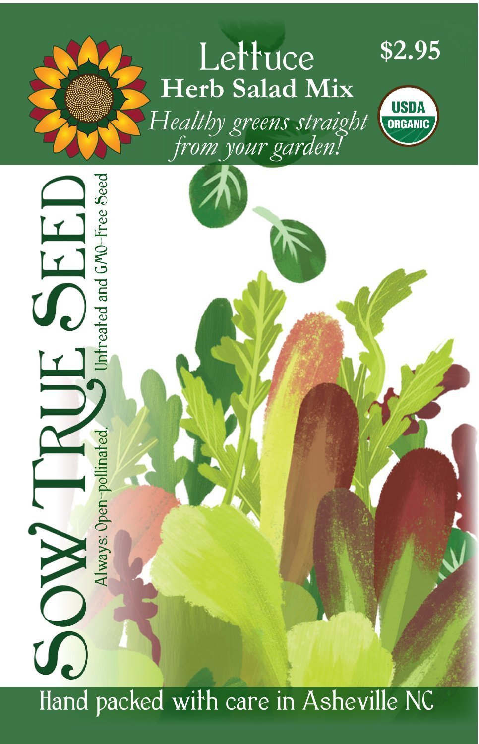 Artist designed packets of USDA organic Herb Salad Lettuce Mix from Sow True Seed Asheville NC. 