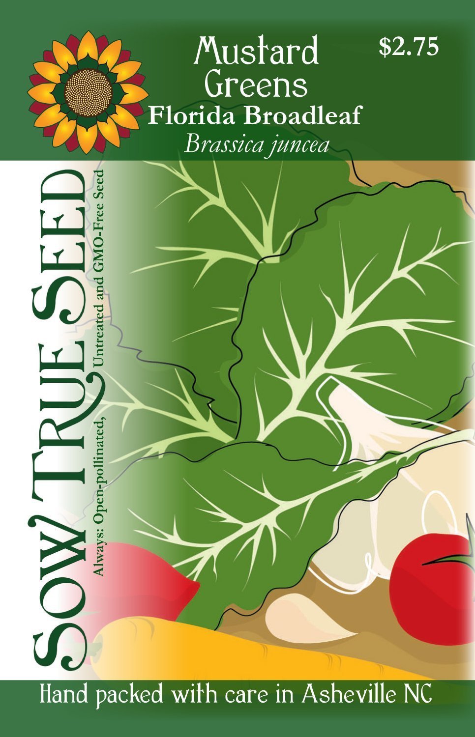 Artist designed packets of Florida Broadleaf Mustard Greens from Sow True Seed Asheville NC. 