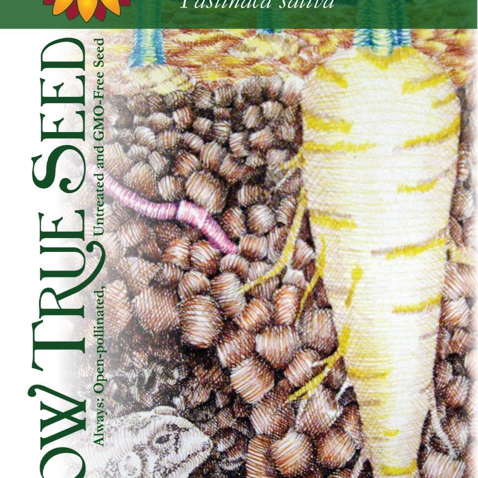 Artist designed packet of Hollow Crown Parsnip from Sow True Seed Asheville NC.